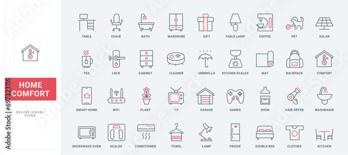 Electric appliances, furnishings and tools and line icons set. Home comfort products collection for household and garage, cleaning and cooking thin black and red outline symbols, vector illustration
