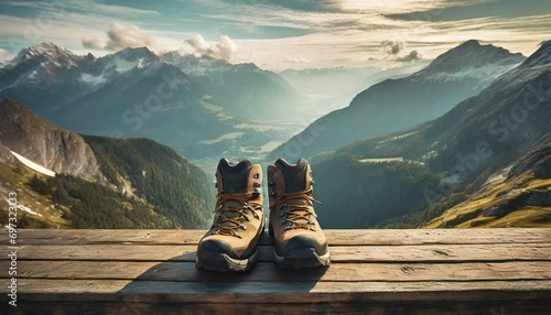 Hiking travel adventure: pair of hiking boots placed on a wooden overlook. majestic mountain landscape in background © grahof_photo
