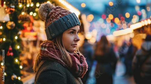 Girl wearing winter clothes at a Christmas market, festive spirit.