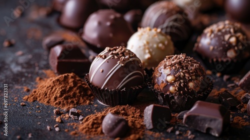 Gourmet chocolate truffles on a dark, elegant background