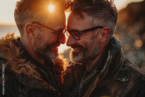 Two smiling gay men in love, lgbt photo