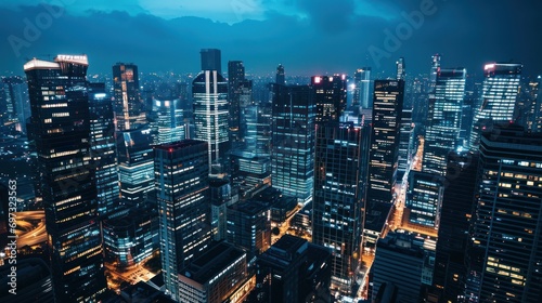 Modern city skyline at night with illuminated skyscrapers