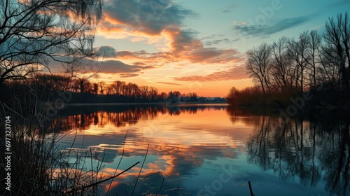 Romantic sunset over a calm lake, reflections on the water, serene nature.