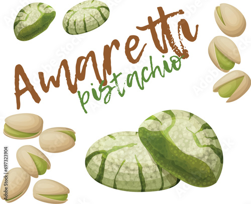 Pistachio amaretti pastry vector icon, italian biscuit cookie illustration isolated on white background, sweet dessert green baked snack with nuts design