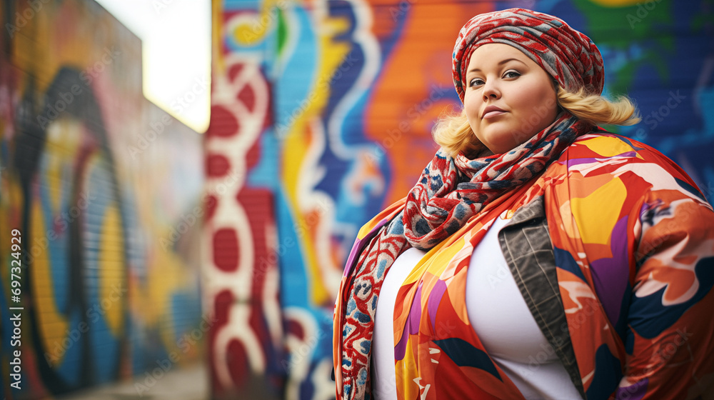 Fototapeta premium Model plus-size against a background of vibrant graffiti generative AI