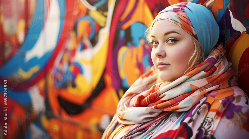 Obraz premium Model plus-size against a background of vibrant graffiti generative AI