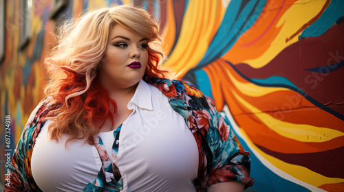 Model  plus-size against a background of vibrant graffiti generative AI