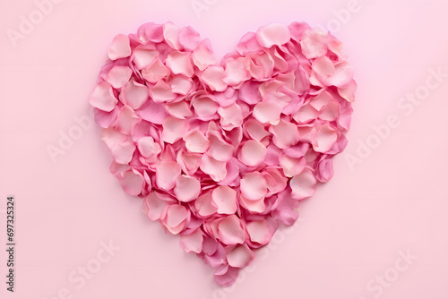 Rose petals forming heart on pastel pink background