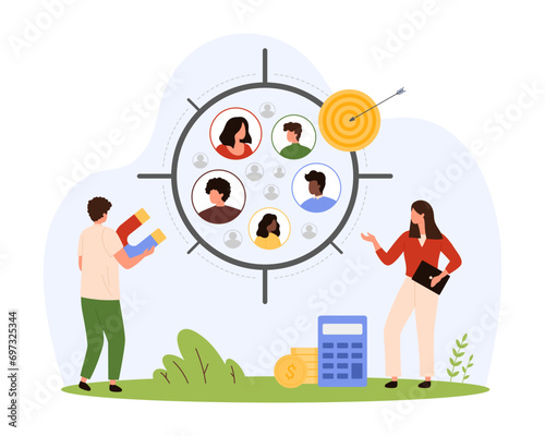 Focus group research. Tiny people holding magnet to attract customers, characters of marketing team search and find heads of clients in aim and study audience of buyers cartoon vector illustration