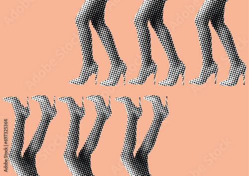 Trendy halftone collage with silhouettes of people, women walking . Contemporary grunge style. Retro vector illustration. Women in power. Graphic design poster.