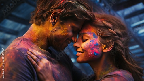 A serene moment during Holi, where people are applying vibrant colored powders to each other's faces, creating a kaleidoscope of emotions