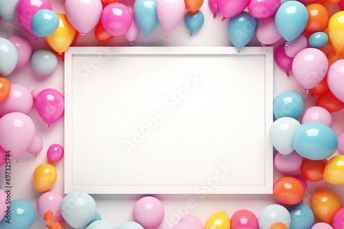 Blank square frame mockup with color balloons and confetti, square frame on color balloons and confetti, AI Generated