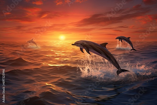 Dolphins jumping in the sea at sunset. 3d render illustration, AI Generated