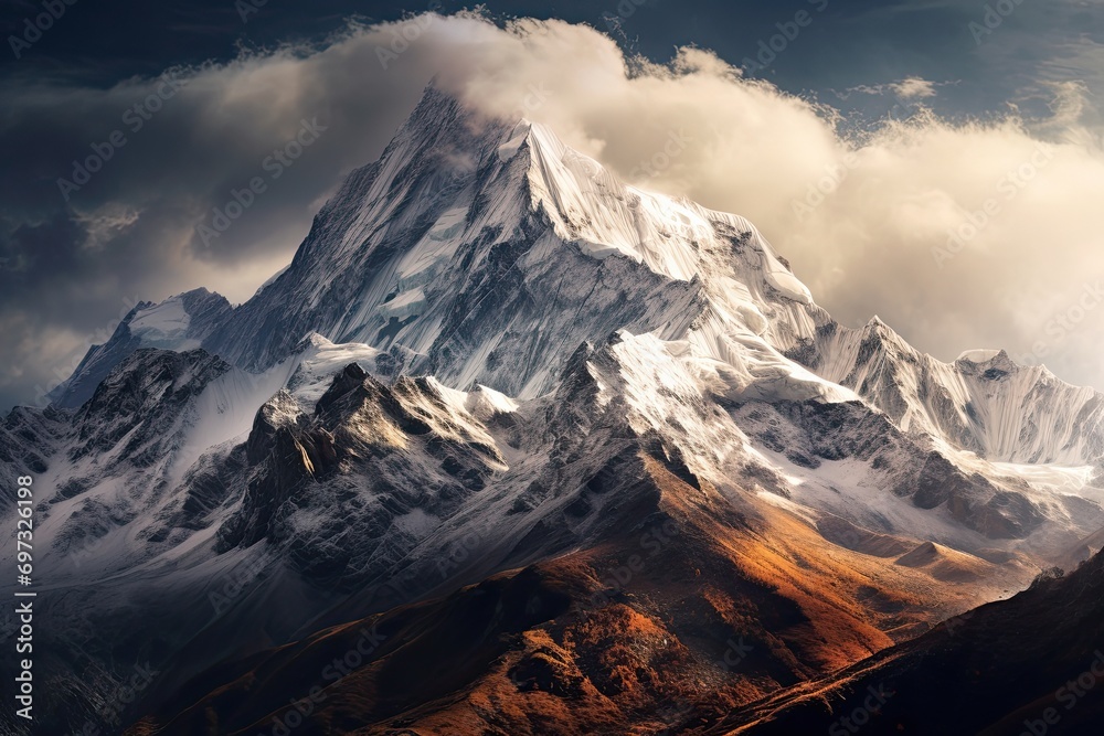 Mountain landscape with snow-capped peaks in the clouds, AI Generated