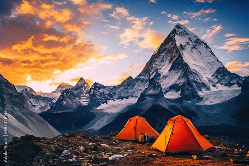 Camping in the Himalayas at sunset, Khumbu valley, Nepal, AI Generated