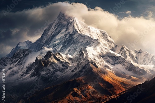 Mountain landscape with snow-capped peaks in the clouds  AI Generated