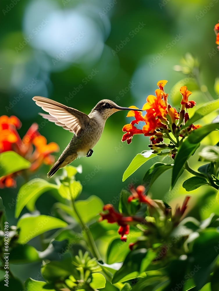 Fototapeta premium a hummingbird hovering near a vibrant flower, its wings a blur of motion, with a lush green garden in the background, peaceful. generative AI