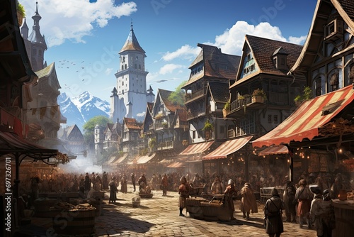 Digital illustration of medieval market in Rothenburg ob der Tauber, Germany, AI Generated photo