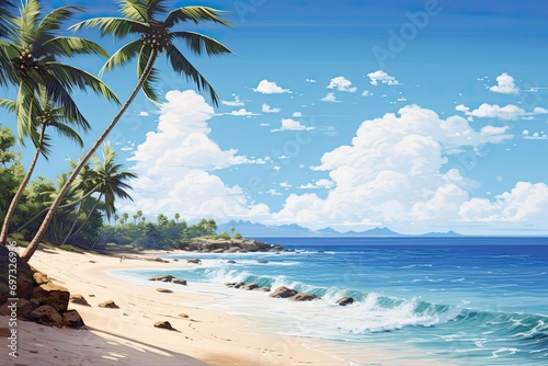 Tropical beach with palm trees and blue sky with white clouds  AI Generated