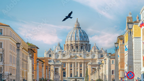 St. Peter's Basilica in the evening from Via della Conciliazione in Rome. Vatican City Rome Italy. Rome architecture and landmark. St. Peter's cathedral in Rome. Italian Renaissance church.
 photo