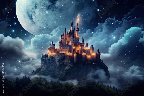 Magic Fairy Tale Castle on the hill. Fantasy and fairy tale concept, AI Generated photo