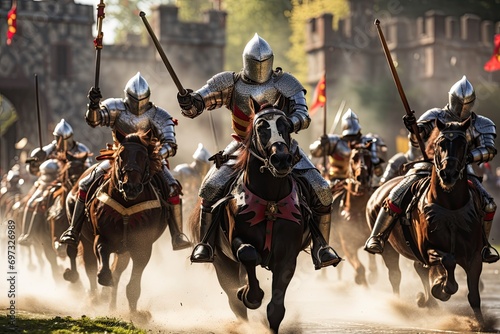 Fototapeta Medieval battle with cavalry and infantry on horseback in the arena, AI Generate