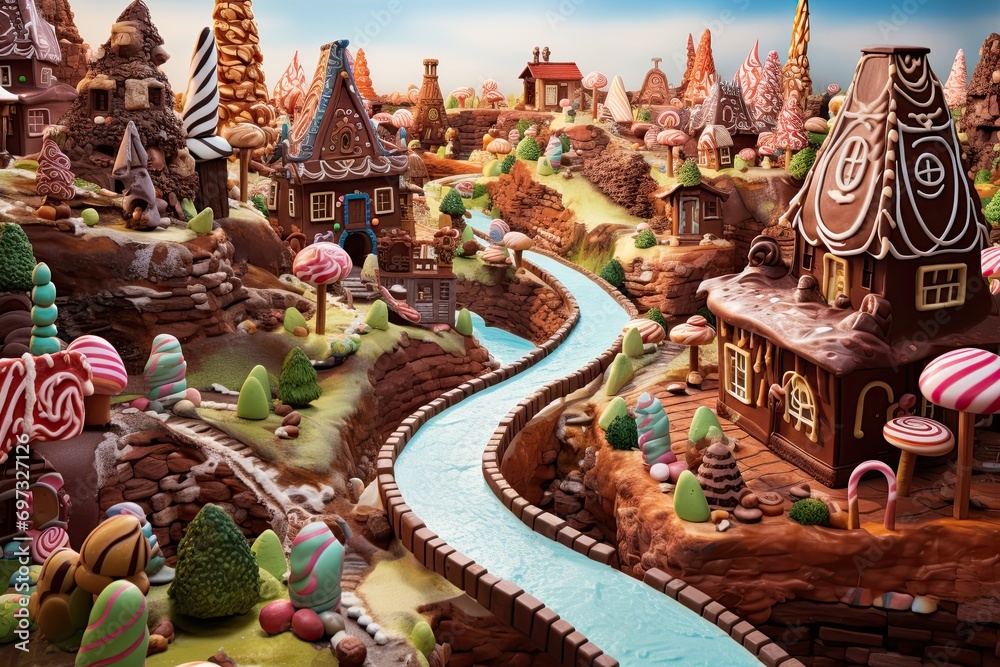 Fototapeta premium Gingerbread houses in the form of a river. 3d rendering, AI Generated