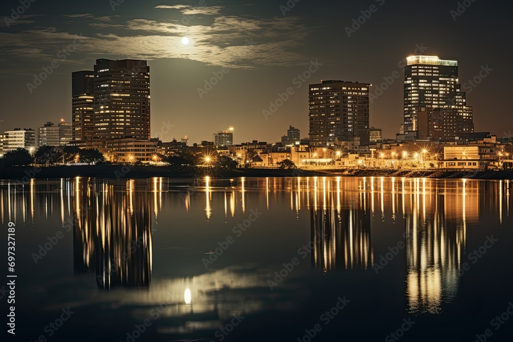 Cityscape at night with reflection in the lake, Bangkok, Thailand, AI Generated