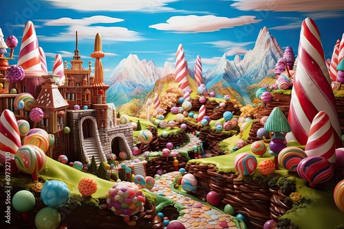 Candy land with a castle in the background - 3d render, AI Generated photo