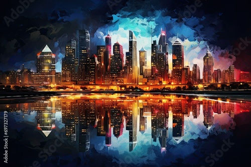 Chicago skyline at night with reflection in water. Digital illustration painting, AI Generated