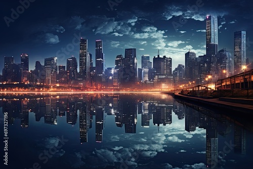 night scene of modern city with reflection in water,shanghai china, AI Generated