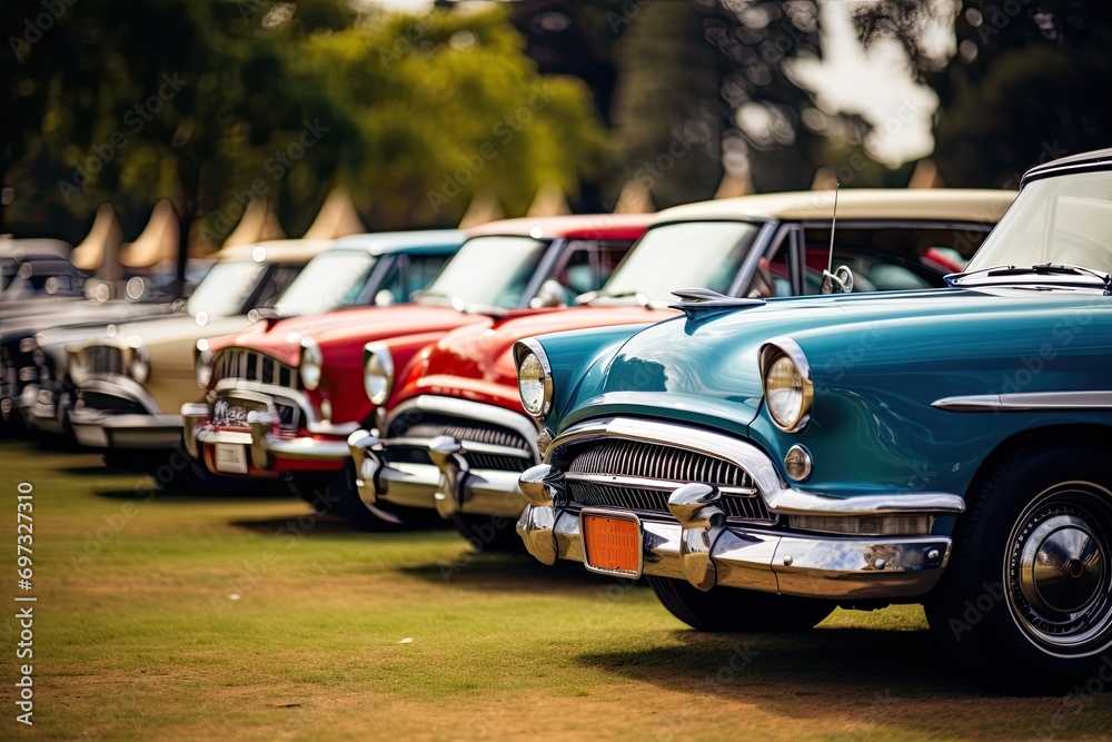 Vintage american cars in row, closeup of photo, AI Generated - obrazy, fototapety, plakaty 