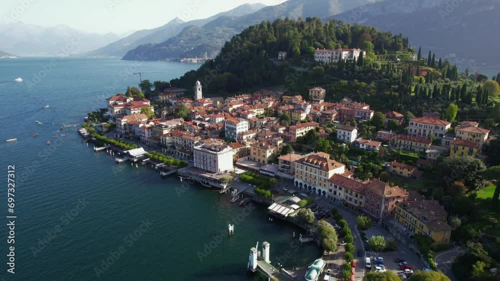 Aerial flyover above the Italian village of Bellagio on Lake Como in Italy Aerial flyover above the Italian village of Bellagio on Lake Como in Italy