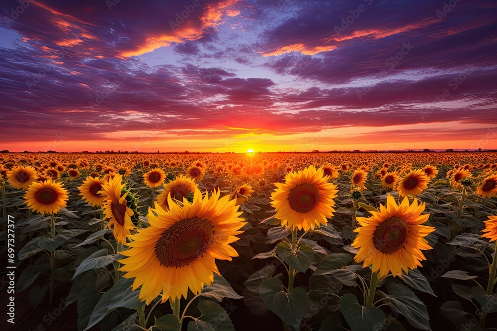 Fototapeta premium Sunflower field at sunset. Beautiful landscape with sunflowers, AI Generated
