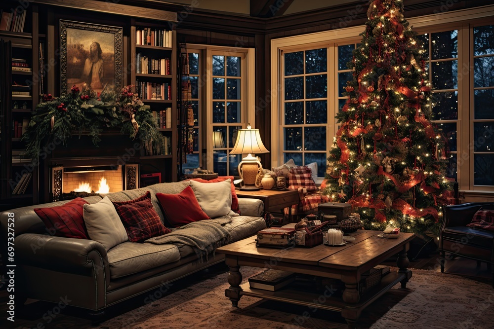 Fototapeta premium Christmas living room interior with fireplace and Christmas tree. 3D rendering, AI Generated