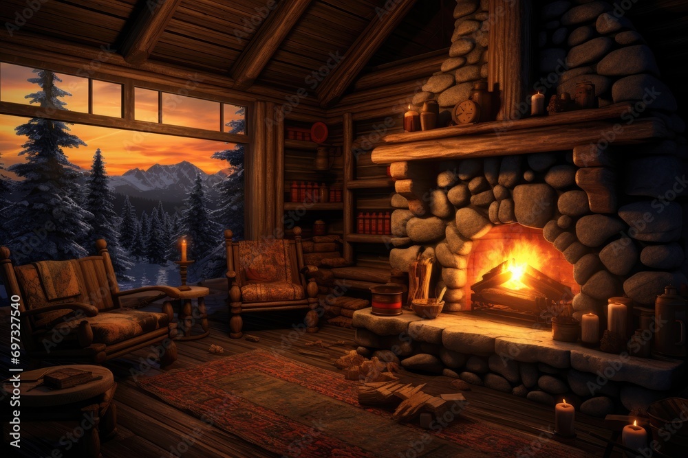 3D rendering of a log cabin with a fireplace in the background, AI Generated