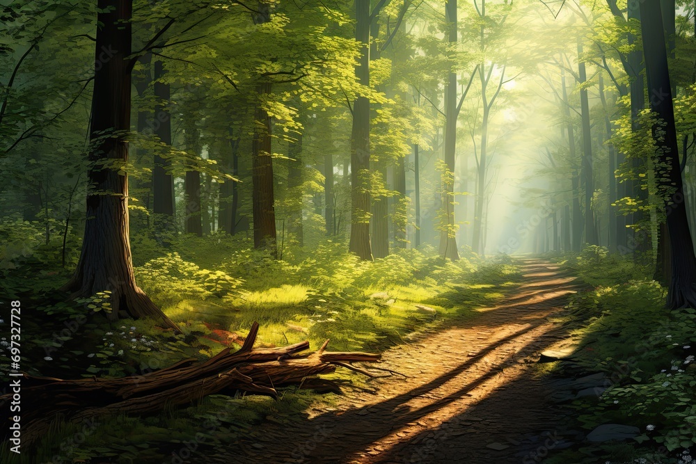 Obraz premium Morning in the green forest with sunbeams and rays of light, AI Generated