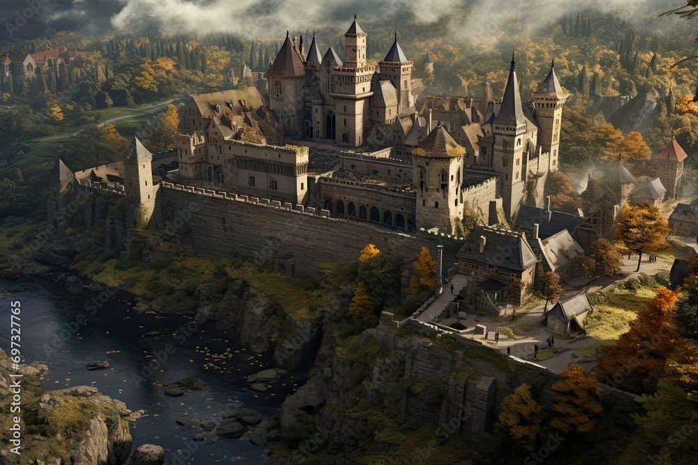 Fantasy landscape with castle in the mountains. 3D illustration, AI Generated