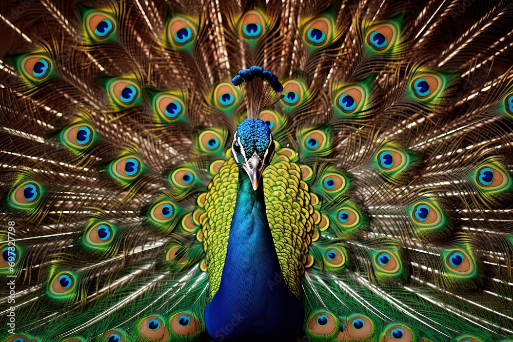 Obraz premium Portrait of beautiful peacock with feathers out. Close up, AI Generated