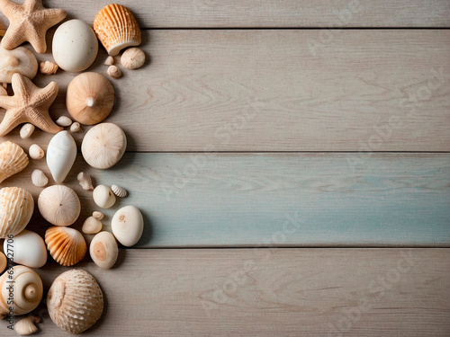 Light wooden background with starfish and seashells, concept of vacation