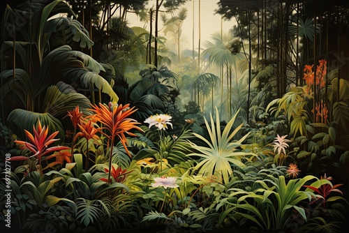 Tropical jungle with palm trees and flowers. Digital painting  AI Generated