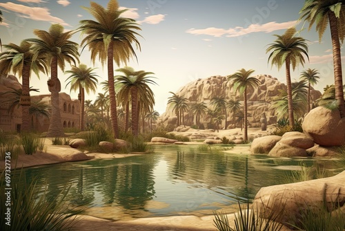 Fantasy landscape with palm trees and lake. 3D illustration, AI Generated