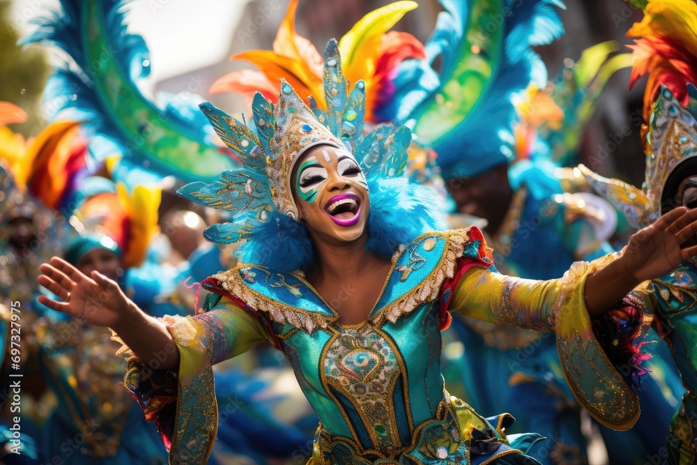 Participants in the Barranquilla Carnival in Barranquilla, Colombia. Barranquilla Carnival is one of the biggest carnival in the world, A lively colorful carnival parade with dancers, AI Generated - obrazy, fototapety, plakaty 