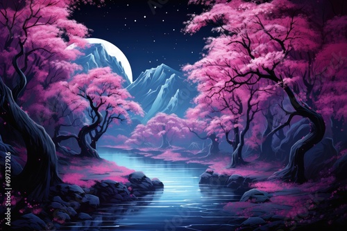 Magic forest with lake and mountains. Fantasy landscape. Vector illustration, A fluorescent landscape with blooming cherry blossom trees under the moonlight, AI Generated