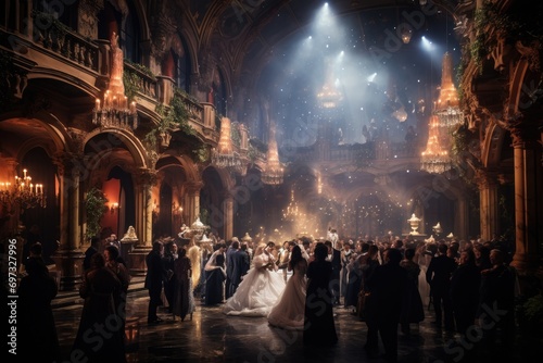 Wedding ceremony in the old city of Lviv, Ukraine, A magical evening at a masquerade ball, AI Generated