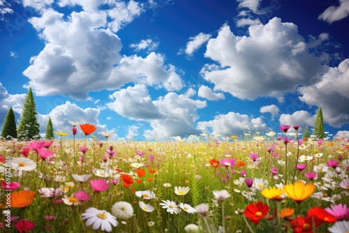 Field of flowers and blue sky with white clouds. Nature composition  A sunny meadow dotted with colorful wildflowers and fluffy clouds overhead  AI Generated