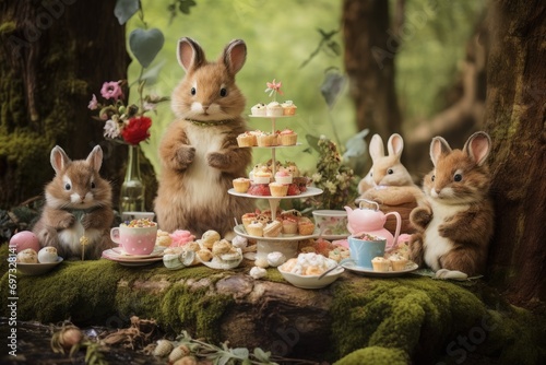 Easter bunny in the garden with a lot of sweets and cakes, A tea party in the forest with adorable woodland creatures and pastel decorations, AI Generated © Iftikhar alam