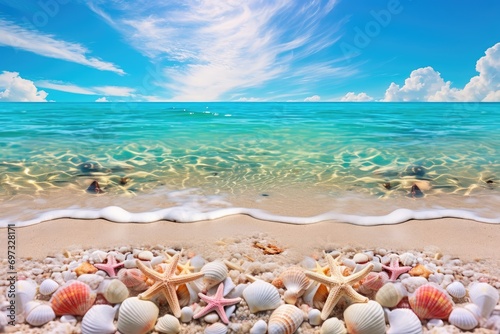 Beautiful seascape with seashells and starfish on sandy beach, A tranquil beach with pastel-colored seashells and starfishes, surrounded by crystal clear water, AI Generated