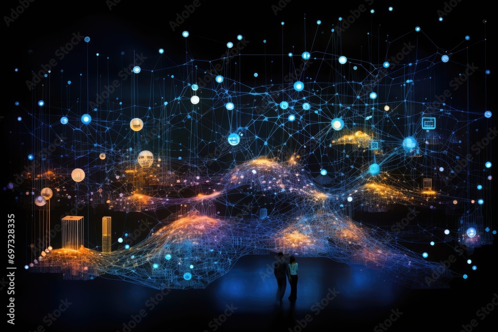 Conceptual image of businessman looking at network hologram over city, Abstract visualization of the Internet of Things, AI Generated
