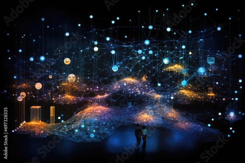 Conceptual image of businessman looking at network hologram over city, Abstract visualization of the Internet of Things, AI Generated